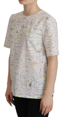 Dolce & Gabbana Weißes Baumwoll-Top mit Algebra-Print und kurzen Ärmeln