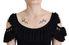 Dolce & Gabbana Schwarze Tanktop Bluse Quasten Baumwollbluse