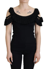 Dolce & Gabbana Schwarze Tanktop Bluse Quasten Baumwollbluse