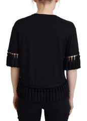 Dolce & Gabbana Schwarze T-Shirt Bluse Quaste Baumwollbluse
