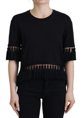 Dolce & Gabbana Schwarze T-Shirt Bluse Quaste Baumwollbluse
