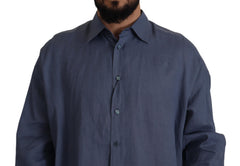 Dolce & Gabbana Dunkelblaues Leinen Slim Fit Herrenhemd Festlich