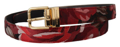 Dolce & Gabbana Roter Jacquard Gürtel mit Rosenmuster, Leder und goldener Metallschnalle