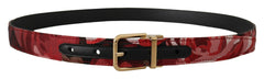 Dolce & Gabbana Roter Jacquard Gürtel mit Rosenmuster, Leder und goldener Metallschnalle