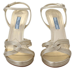 Prada Goldene Leder-Sandalen Knöchelriemen Pfennigabsatz Sandale