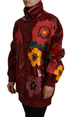Dolce & Gabbana Weinrote Blumen-Polyester-Damenjacke mit durchgehendem Reißverschluss