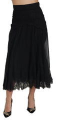 Dolce & Gabbana Schwarzer Seiden-Midi-Rock mit hoher Taille und Spitzenbesatz