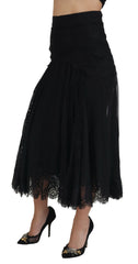Dolce & Gabbana Schwarzer Seiden-Midi-Rock mit hoher Taille und Spitzenbesatz