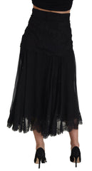 Dolce & Gabbana Schwarzer Seiden-Midi-Rock mit hoher Taille und Spitzenbesatz