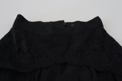 Dolce & Gabbana Schwarzer Seiden-Midi-Rock mit hoher Taille und Spitzenbesatz