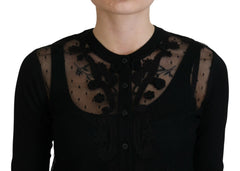 Dolce & Gabbana Schwarze floral gemusterte Strickjacke aus Spitze mit Knöpfen