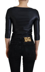 Dolce & Gabbana Schwarzes Stretch-Baumwoll-Oberteil mit offenem Brustbereich und 3/4-Ärmeln