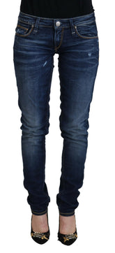 Acht blauwe washed katoenen damesjeans met lage taille