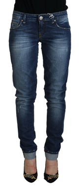 Acht Blauwe Gewassen Slim Fit Dames Denim Jeans