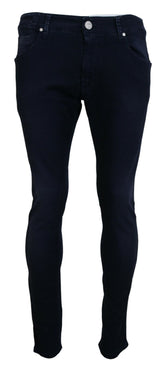Acht blauwe katoenen taps toelopende slim fit casual spijkerbroek voor heren