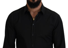 Dolce & Gabbana Schwarzes Baumwoll-Langarmhemd mit Kragen GOLD