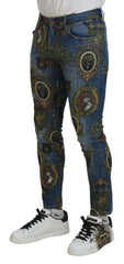 Dolce & Gabbana Baumwoll-Jeans mit blauem Medaillen-Print, Slim Fit