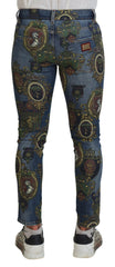 Dolce & Gabbana Baumwoll-Jeans mit blauem Medaillen-Print, Slim Fit