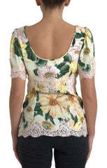 Dolce & Gabbana Mehrfarbige Bluse mit floraler Spitze und V-Ausschnitt