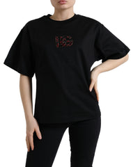 Dolce & Gabbana Schwarzes Baumwoll-T-Shirt mit DG-Kristall-Rundhalsausschnitt