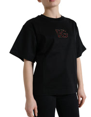 Dolce & Gabbana Schwarzes Baumwoll-T-Shirt mit DG-Kristall-Rundhalsausschnitt