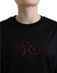Dolce & Gabbana Schwarzes Baumwoll-T-Shirt mit DG-Kristall-Rundhalsausschnitt