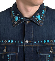 Dolce & Gabbana Blaue Jeansjacke mit türkisfarbenen Steinen besetzt