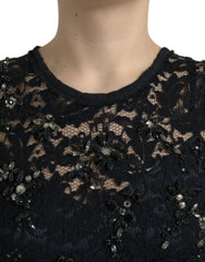 Dolce & Gabbana Etuikleid aus schwarzer floraler Spitze mit Kristallen