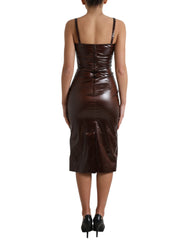 Dolce & Gabbana Braunes glänzendes Seiden-Etui-Ärmelloses Bodycon Midikleid