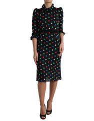 Dolce & Gabbana Schwarzes gepunktetes Baumwoll-Midikleid mit Rüschen