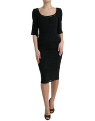 Dolce & Gabbana Schwarzes florales Spitzen-Viskose-Bodycon-Midikleid