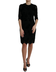 Dolce & Gabbana Schwarzes Bodycon-Kleid aus Baumwolle mit Blumenmuster aus Spitze