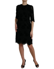 Dolce & Gabbana Schwarzes Bodycon-Kleid aus Baumwolle mit Blumenmuster aus Spitze