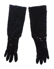 Dolce & Gabbana Schwarze Spitzenhandschuhe aus Wolle, Lammfell und Pelz (Ellbogenlang)