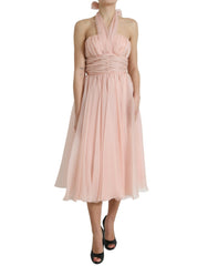 Dolce & Gabbana Pinkes Seidenchiffon Neckholder-Midi-Kleid in A-Linie mit Falten