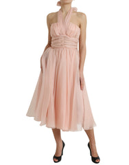 Dolce & Gabbana Pinkes Seidenchiffon Neckholder-Midi-Kleid in A-Linie mit Falten