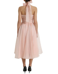 Dolce & Gabbana Pinkes Seidenchiffon Neckholder-Midi-Kleid in A-Linie mit Falten
