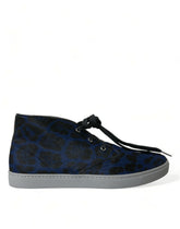 Dolce & Gabbana Blaue Kalbsleder Leopard Mid Top Sneakers