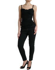 Dolce & Gabbana Schwarzes ärmelloses Tanktop aus Stretch-Seide mit Spitze