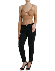 Dolce & Gabbana Braunes Nylon Stretch schulterfreies bauchfreies Top