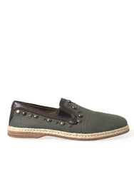 Dolce & Gabbana Graue Leinen-Leder Slipper mit Nieten