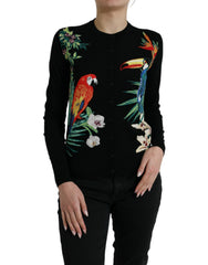 Dolce & Gabbana Schwarze Vogel Woll-Strickjacke mit langen Ärmeln