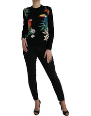 Dolce & Gabbana Schwarze Vogel Woll-Strickjacke mit langen Ärmeln