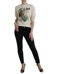 Dolce & Gabbana Beigefarbener Pullover aus Baumwolle mit Dschungel-Print