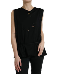 Dolce & Gabbana Schwarzes Baumwoll-Tanktop mit Schnürung und Rundhalsausschnitt