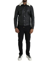 Dolce & Gabbana – Bikermantel aus schwarzem Leder mit Pelzkragen