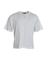 Dolce & Gabbana Weißes T-Shirt mit Rundhalsausschnitt aus Baumwolle und Verzierungen