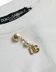 Dolce & Gabbana Weißes T-Shirt mit Rundhalsausschnitt aus Baumwolle und Verzierungen