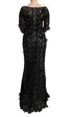 Dolce & Gabbana Schwarzes langes Seidenkleid mit Blumenmuster
