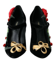 Dolce & Gabbana Schwarze Rosen Kristallbrosche Mary Jane Schuhe